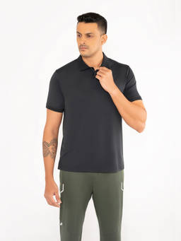 STRCH - Black Solid Regular Fit Half Sleeve Polo T-Shirt
