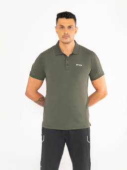 STRCH - Olive Solid Regular Fit Half Sleeve Polo T-Shirt