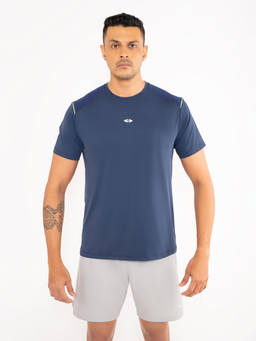STRCH - Solid Regular Fit Half Sleeve Round Neck Navy Blue T-Shirt