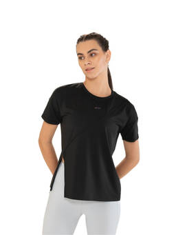 STRCH - Solid Asymmetric Fit Half Sleeve Round Neck Black T-Shirt