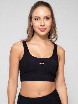 STRCH - Black Solid Slim Fit Sleeveless Sports Bra