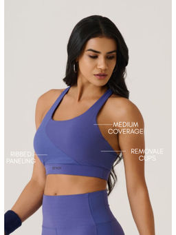 STRCH - Skipper Blue Solid Slim Fit Sleeveless Cross Back Sports Bra
