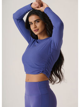 STRCH - Skipper Blue Solid Slim Fit Full Sleeve Playcore Ribbed Crop T-Shirt