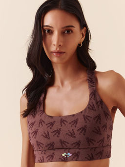 STRCH - Printed Slim Fit Sleeveless Brown Sports Bra