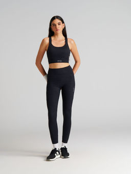 STRCH - Printed Slim Fit Sleeveless Black Sports Bra