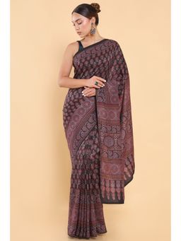 Soch - Women Brown Silk Printed Saree with Stitched Blouse