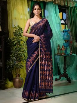 CHARUKRITI - Navy Blue Matka Handwoven Soft Saree With Geometric Border with Unstitched Blouse