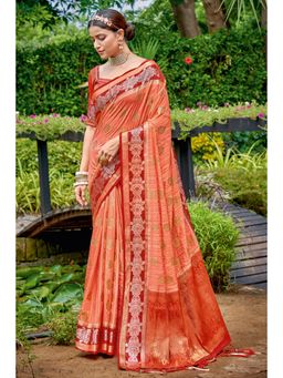 Sangam Prints - Orange Silk Silver Zari Work Traditional Tassel Saree with Unstitched Blouse