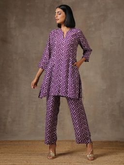 trueBrowns - Purple White Lehariya Printed Silk Co-ord (Set of 2)