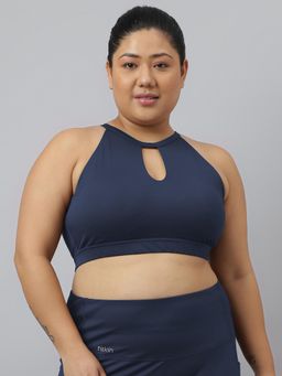 Fitkin - Plus Size Navy Blue Front Keyhole Halter Style Racerback Sports Bra