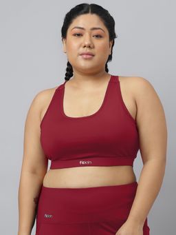 Fitkin - Plus Size Maroon Medium Support Sports Bra with Stylish Back Strap