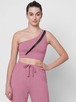 Fitkin - Women Pink One Shoulder Center Net Detail Sports Bra
