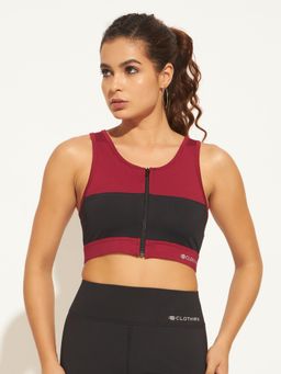 CLOTHWIK - Maroon Front Zip Sports Bra