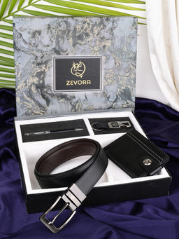 ZEVORA - Men Gift Set With Reversible Checks Black Belt with Wallet & Pen Keychain
