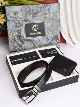 ZEVORA - Men Gift Set With Reversible Texture Black Belt with Wallet & Pen Keychain