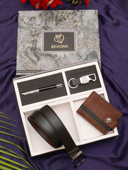 ZEVORA - Men Gift Set With Reversible Texture Black Belt with Wallet & Pen Keychain
