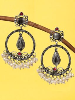 OOMPH - Oxidised Silver Look Alike Maroon Stone Round Floral Drop Earrings