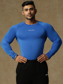 Athlisis - Men Blue Solid Anti Odour Raw Edge Compression T-Shirt