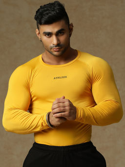 Athlisis - Men Yellow Solid Anti Odour Raw Edge Compression T-Shirt