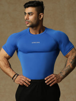 Athlisis - Men Blue Solid Anti Odour Applique Compression T-Shirt