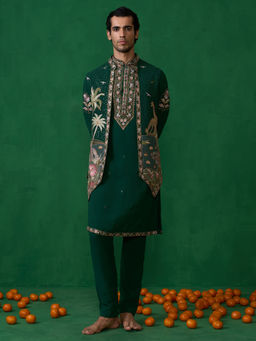 KALPRAAG - Forest Bottel Green Kurta with Jacket and Pant
