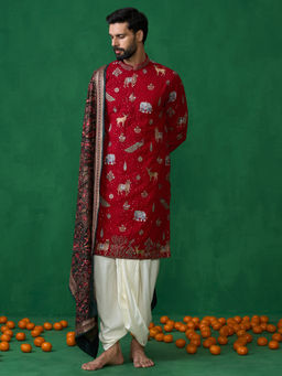 KALPRAAG - Pichwai Red Dhoti with Kurta and Pant