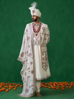 KALPRAAG - Kathakali Ivory Sherwani with Anarkali with Churidar, Dupatta and Belt, Safa Fabric