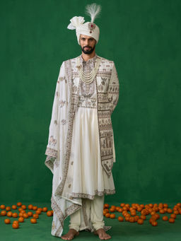 KALPRAAG - Pichwai Ivory Sherwani with Anarkali with Churidar, Dupatta and Belt, Safa Fabric