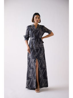 Basanti Kapde aur Koffee - Black Muslin Abstract Print Dress with Belt (Set of 2)