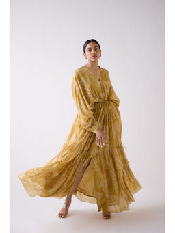 Basanti Kapde aur Koffee - Yellow Muslin Abstract Print Kaftan Dress