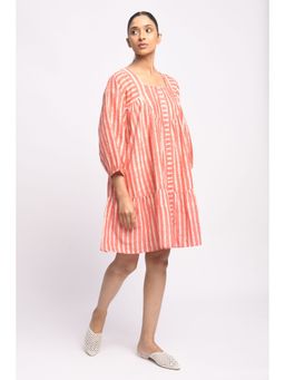 JAYATI GOENKA - Orange Striped Block Printed Dress with Shorts