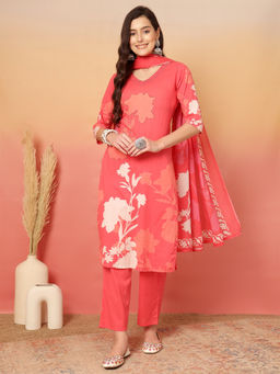 ANAISA - Women Coral Cotton Printed Patch Work Kurta Pant & Dupatta (Set of 3)