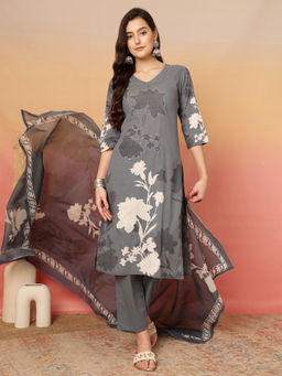 ANAISA - Women Grey Cotton Printed Patch Work Kurta Pant & Dupatta (Set of 3)