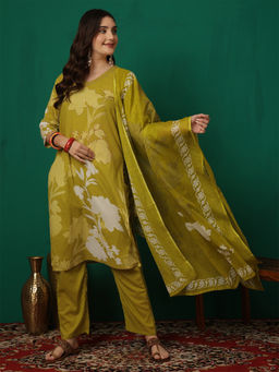 ANAISA - Women Lime Green Cotton Printed Patch Work Kurta Pant & Dupatta (Set of 3)