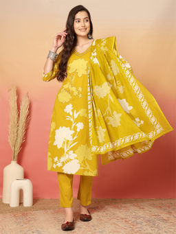 ANAISA - Women Yellow Cotton Printed Patch Work Kurta Pant & Dupatta (Set of 3)