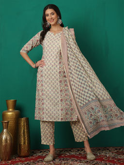 ANAISA - Women Off White Cotton Printed Kurta Pant & Dupatta (Set of 3)
