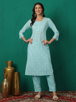 ANAISA - Women Turquoise Blue Cotton Printed Straight Kurta & Pant (Set of 2)