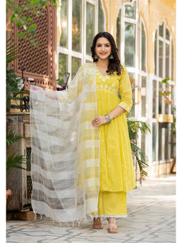 Juniper - Lime Yellow Cotton Thread Work Kurta Pant & Dupatta (Set of 3)
