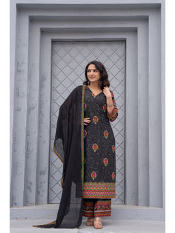 Juniper - Black Floral Printed Cotton Kurta Pant & Dupatta (Set of 3)