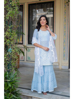 Juniper - Sky Blue Cotton Mughal Embroidered Kurta Gharara & Dupatta (Set of 3)