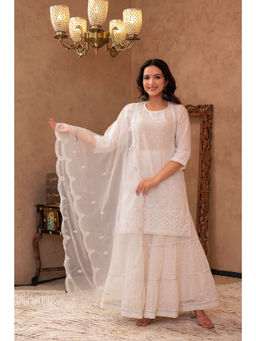 Juniper - White Cotton Mughal Embroidered Kurta Gharara & Dupatta (Set of 3)