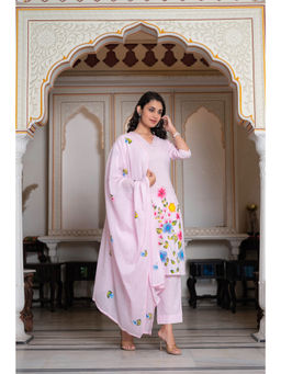 Juniper - Baby Pink Hand-Painted Floral Kurta Pant & Dupatta (Set of 3)