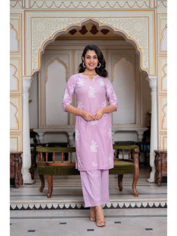 Juniper - Lavender Floral Embroidered Cotton Slub Kurta & Pant (Set of 2)