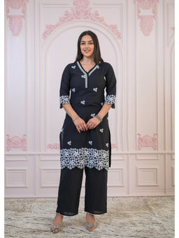 Juniper - Black Floral Embroidered Cotton Slub Kurta & Pant (Set of 2)