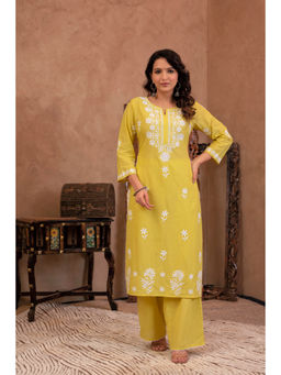 Juniper - Lime Yellow Floral Embroidered Cotton Slub Kurta & Pant (Set of 2)