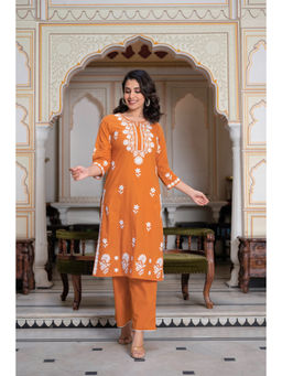 Juniper - Rust Floral Embroidered Cotton Slub Kurta & Pant (Set of 2)