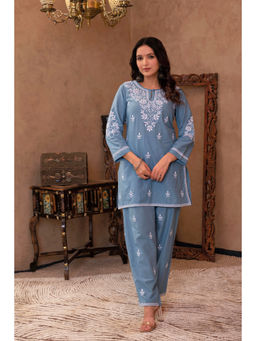 Juniper - Blue Embroidered Cotton Slub Kurta & Pant (Set of 2)