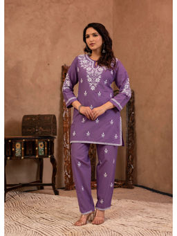 Juniper - Purple Embroidered Cotton Slub Kurta & Pant (Set of 2)