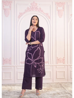 Juniper - Purple Floral Embroidered Cotton Slub Kurta & Pant (Set of 2)