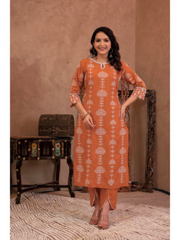 Juniper - Rust Cotton Slub Embroidered Kurta & Pant (Set of 2)